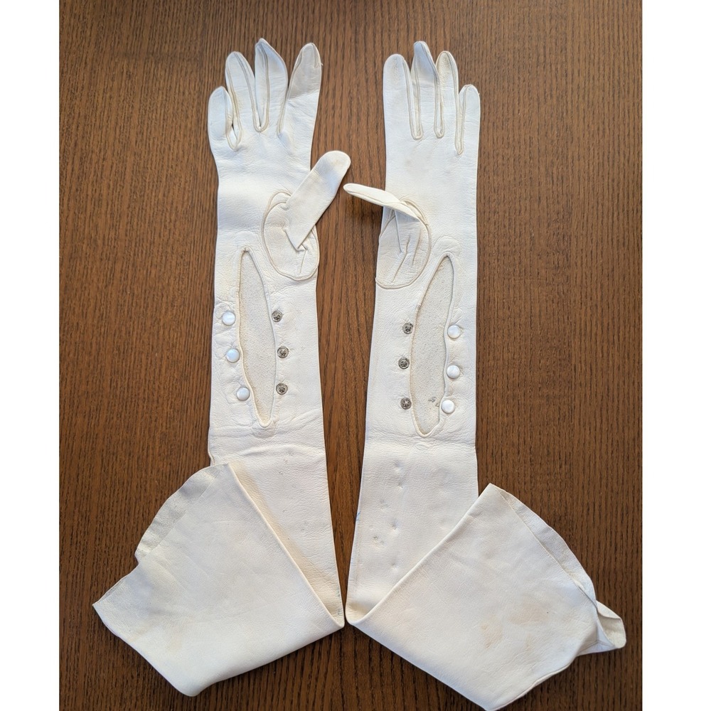 Vtg Cream Leather Kidskin Opera Length Gloves Mousquetaire Pearl Shell Snaps 21"